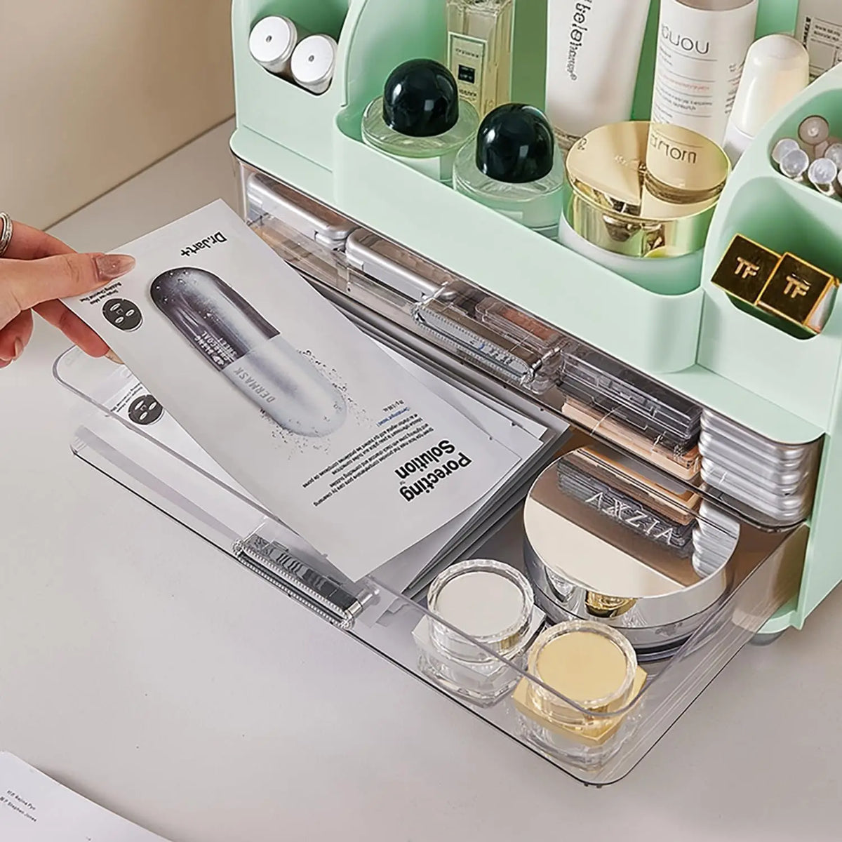 Plastic Vanity Makeup Organizer With Drawers And Brush Slots